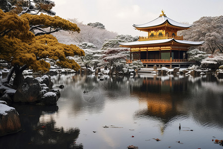 寒冬中的金色寺庙背景图片