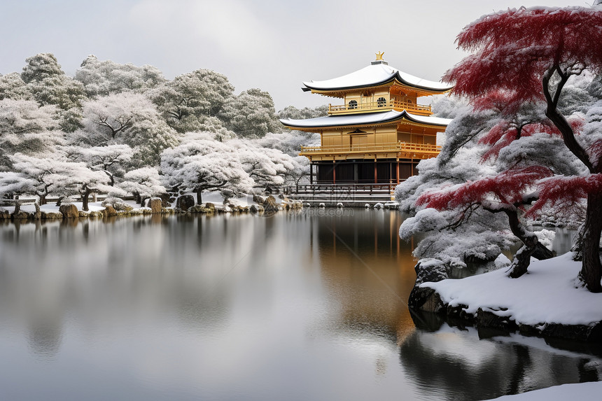 冬日里雪中金顶寺庙图片