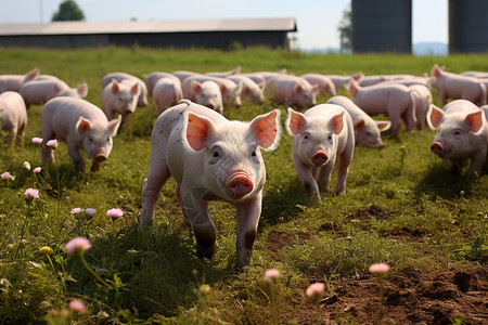 田园风光中的猪群动物高清图片素材