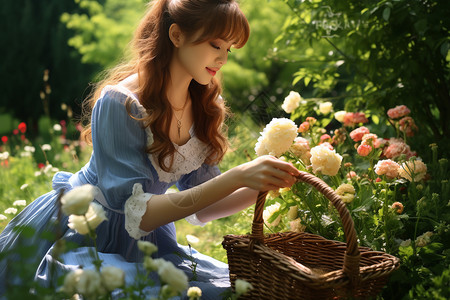 玫瑰花采摘花园摘花的女人背景