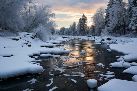 冬日初升的河流图片