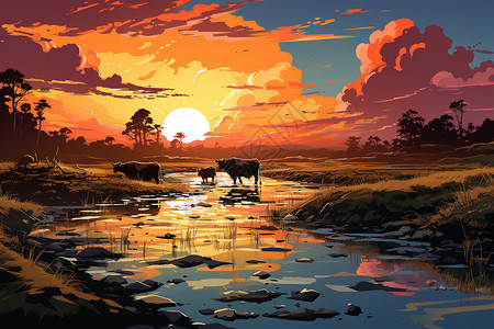大草原上牛群阳光映照下的牛群插画