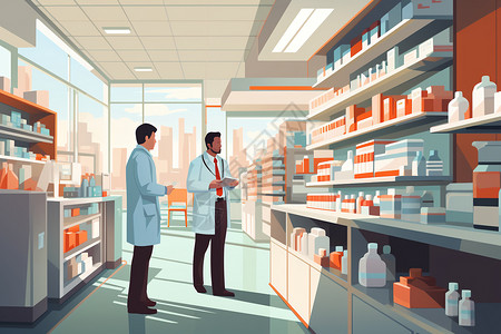 男士医生底图药物货架前两个人正在交谈插画