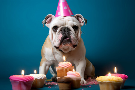 庆祝生日的可爱牛头犬图片