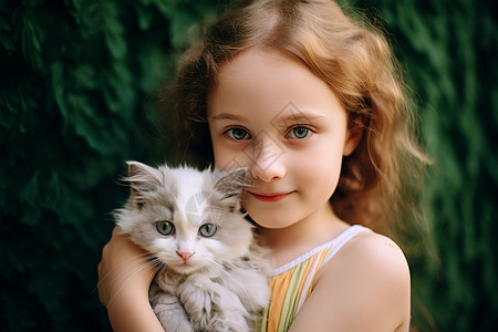 怀抱猫咪的可爱小女孩图片