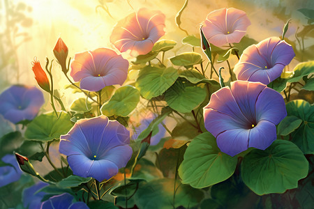天竺葵绽放清晨盛开的紫色牵牛花插画
