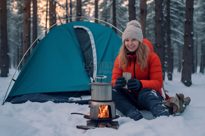 寒冷冬季森林中露营的女子图片