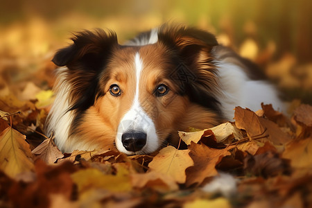 秋季公园中趴着的宠物狗狗图片