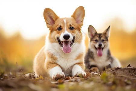 两只狗狗户外开心玩耍的柯基宠物狗狗背景