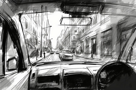 街道中的汽车素描画高清图片