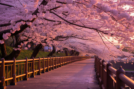 木桥上的樱花图片