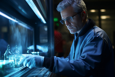 紫外线杀菌实验室中的男博士背景