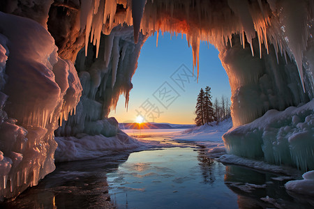 冬天的雪景洞穴日出高清图片