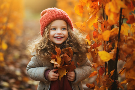 小女孩手握林中的黄叶图片