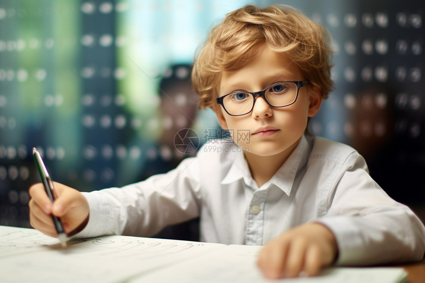 戴眼镜学习的小男孩图片