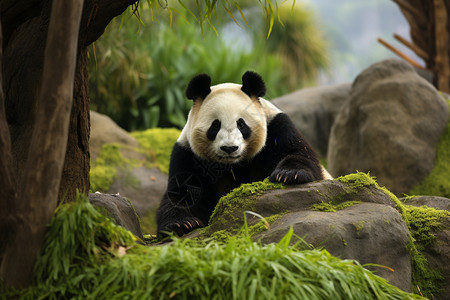 扶着青苔石头的熊猫图片