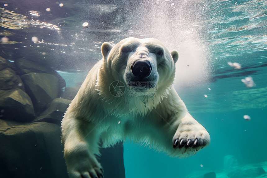 北极熊在水中游泳图片