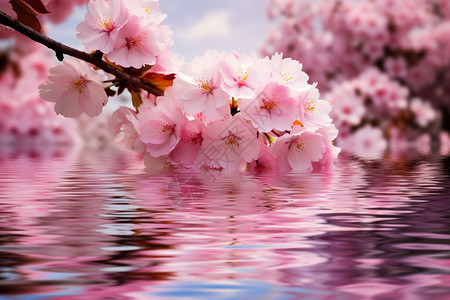 桃树枝水上的桃花设计图片