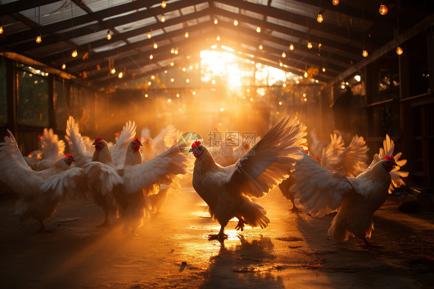 阳光下鸡群在谷仓周围悠闲觅食图片