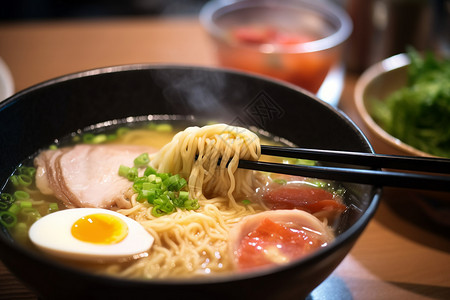 碗里的美食碗里的拉面鸡蛋肉片背景