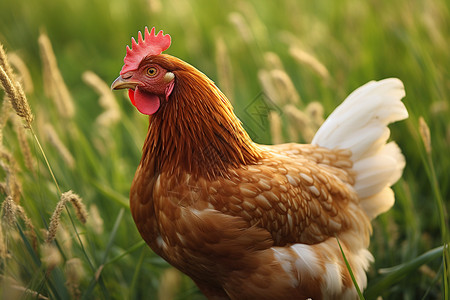 一只鸡站立在草丛中图片