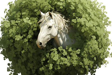 白马装饰树丛中的白马插画
