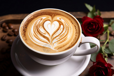 玫瑰拿铁玫瑰爱心杯与咖啡背景