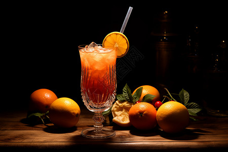 吸管和橙子果汁与橙子的艳丽对比背景