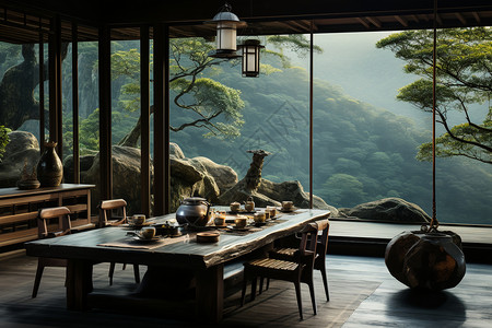 茶树林竹林中的茶舍背景