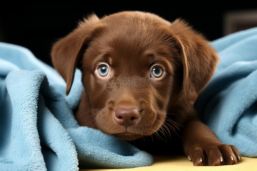 蓝色毯子上的可爱小狗图片