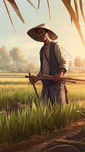 农户细心耕种水稻背景图片