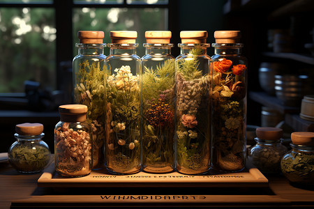 玻璃罐里的不同草药背景图片