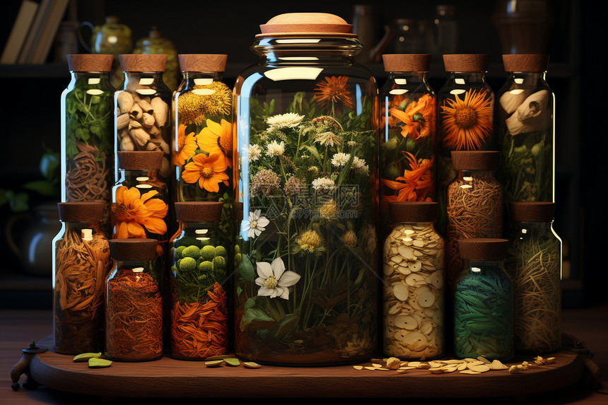 玻璃罐里的草药图片