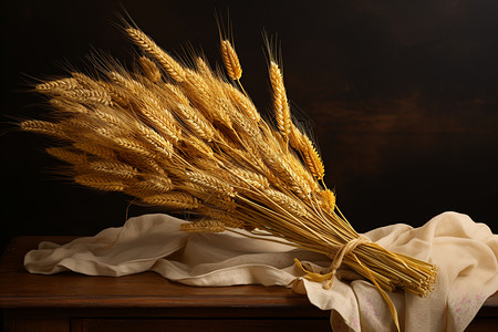 麦束缠绕着丝带在木桌上图片