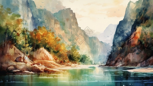 山水画中的江河奇峰背景图片