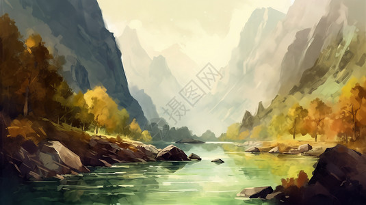 油画写生山间流淌的宁静河流插画