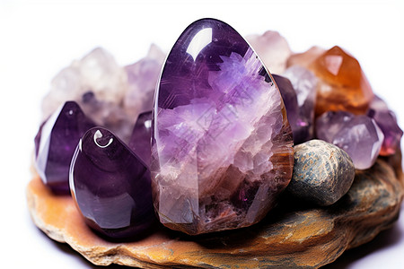 紫色水晶群在岩石上图片