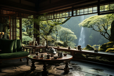 茶与瀑布背景图片
