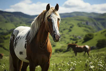 草原上棕色鬃毛的马儿环境高清图片素材