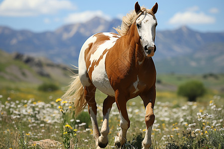 在野花中奔跑的马儿牧场高清图片素材