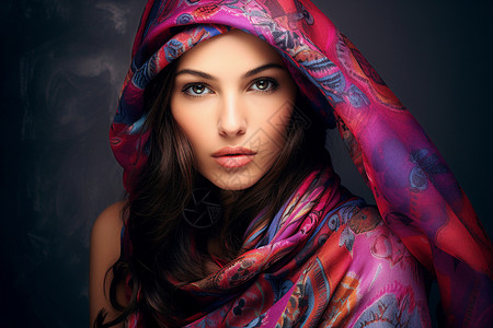彩色丝巾下的美丽女子图片