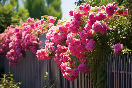 篱笆上的玫瑰花丛图片
