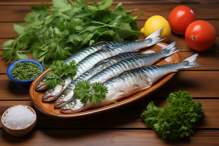 海鲜盘中的白鱼与蔬菜高清图片