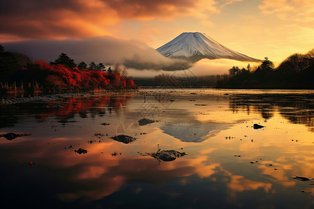 湖泊前的富士山背景图片