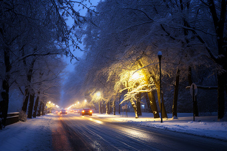 夜晚行驶中的雪夜街景图片