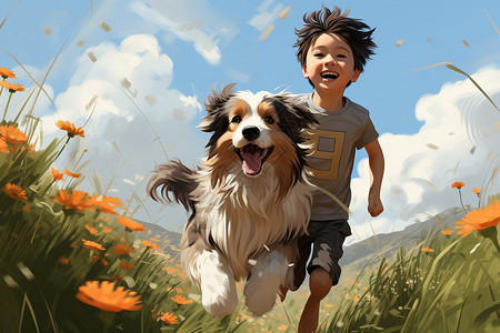 鲜花绿草草地上奔跑的小孩和狗插画
