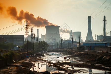 污染工厂与落日背景图片