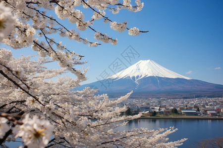 富士山湖畔盛开的美丽樱花图片