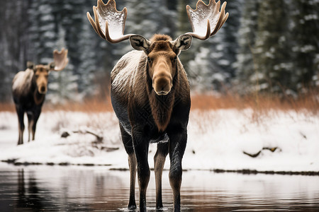 冬季雪山中的麋鹿动物图片