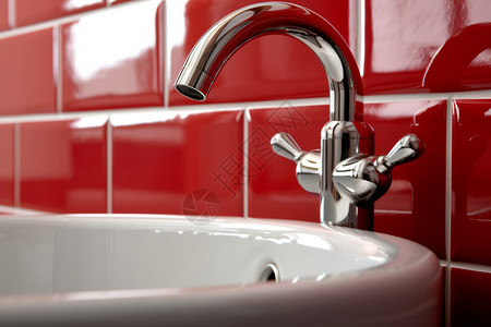 红色瓷砖墙上的洗手池图片